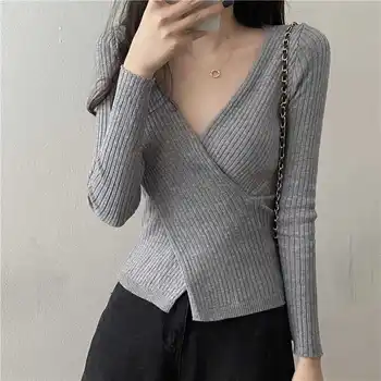 Tesen vgradnjo žensk design občutek nišo seksi križ V-vratu jopica jeseni leta 2020 nov pulover pulover