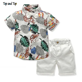 Vrh in Vrh Summer Beach Slog Fant Oblačila, ki Priložnostne Cvet Natisnjeni Bowtie Majica Vrhovi +Hlače Otroci, Fantje 2Pcs Oblačila Obleko