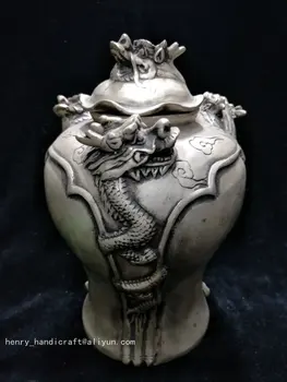 Starinsko Redkih Qing srebro pot,Vklesan zmaj steklenico, ročno izdelane umetnostne obrti,Zbirka & Okras, Brezplačna dostava