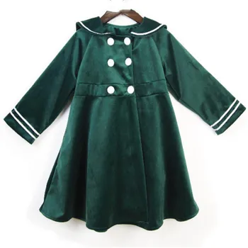 Dekleta španska Princesa žametno Obleko Otrok mornar ovratnik Baby otroci Dolg Rokav Zeleno Obleko Za jesen