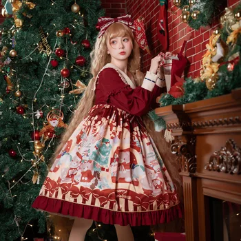 Božič Lolita Obleko Vino Rdeče Medved Tiskanja Cosplay Kostum Op Sladko Kawaii Lolita Srčkan Obleke Karneval Božič Princesa Kostume