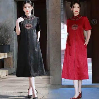 Pomlad Retro Kratek Rokav Embrodiery Saten Qipao Mandarin Ovratnik A-Line Cheongsam Kitajski Ženske Obleke