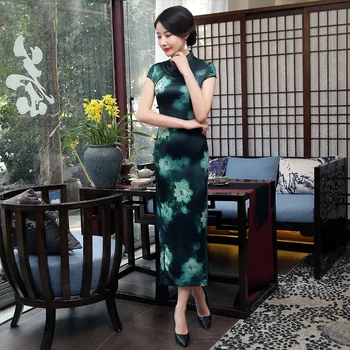Ženska Moda In Elegantno Spremenjen Cheongsam Obleko Retro Slim Saten Zelena Qipao Tradicionalne Kitajske Ženske Dolge Obleke