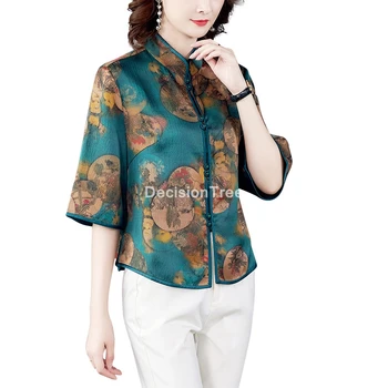 2022 tradicionalni kitajski majica kitajski slog vrhovi retro folk čaj oblačila cvet tiskanja bluze za ženske dnevno šifon qipao bluzo