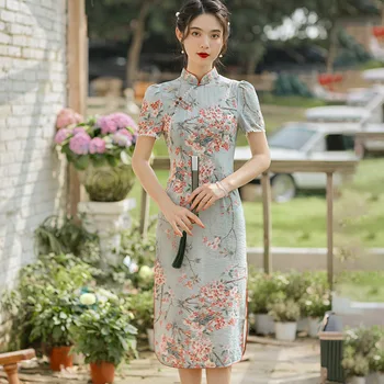 Qiapo Majhen Čipke Kratek Rokav Vintage Bombaž Tiskanja Kitajski Cheongsam Republike Kitajske Retro Slogu Vestidos Stranka Prom Obleke