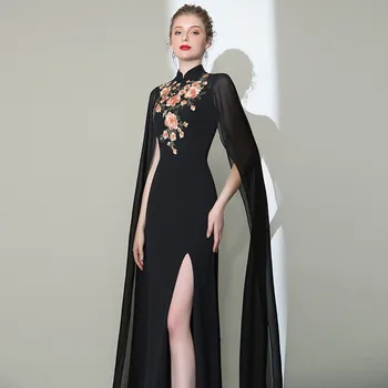 Dolgo Črno Cheongsams Cvet Tiskanja Banket Obleke Seksi Žensk Kitajski Stil Oblačenja z Ruto Elegantno Oversize Banket Vestidos