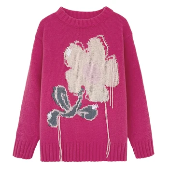 Jeseni in pozimi vrtnico rdečo rožo jacquardske design debel krog vratu pleteni pulover