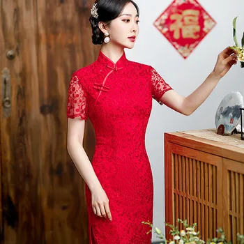 Čipke Mozaik Votlih Iz Kitajske Obleke 2022 Novo Qipao Obleka Ženske Rdeča Seksi Cheongsam Kratek Rokav Večer Stranka Tang Vestidos