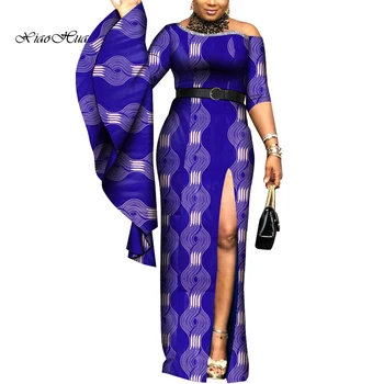 Afriške Obleke za Ženske Bazin Riche Tiskanja Vosek Big Flare Rokav, Dolgi Strani Split Maxi Obleko Afriške Stranka Obleko Plus Velikost Wy9172