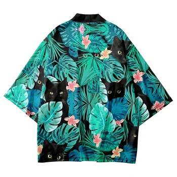 Poletje Zelenih Listov Mačka Tiskanja Kimono Ženske Moški Ulične Jopico Plaži Yukata Moda Tradicionalni Japonski Haori Priložnostne Majice
