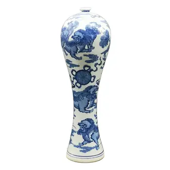 Kitajski Stari, Modri In Beli Porcelan Okraski Slikarstvo Mala Usta Visoka Vaza