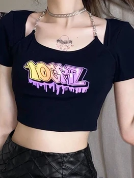 QWEEK Y2k Egirl Ženska Tshirts korejski Moda Harajuku Punk Pismo Print Crop Tees Odrezana Vrhovi 2022 Poletje Kpop Alt Ulične