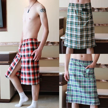 Moški Škotski Kilt Krilo Kostum Sleepwear Pripomoček za Škotsko Višavje, Pižame Tartan Obleko 2 Straneh Split Plaži Oblačila