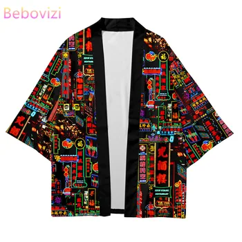 Neon Znak Tiskanja Yukata Modni Moški Ženske Jopico Haori Azijskih Oblačila Harajuku Japonski Ulične Cosplay Kimono Plus Velikost