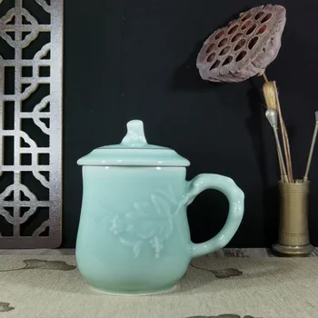 Kava, Skodelice Teacups 12 oz/17 oz Pokal s Pokrovom Kitajski Slog Porcelana Drinkware Reliefni s Trte, Mikrovalovno pečico in Pomivalni stroj Varno