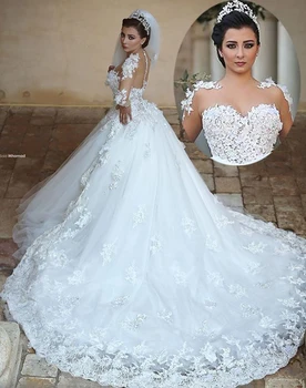 Haljo de mariage Princesa Dolgo Poročno Obleko 2020 Odklon Vratu Dolge Rokave Žogo Obleke Kapela Vlak Appliques Til Poročne Obleke